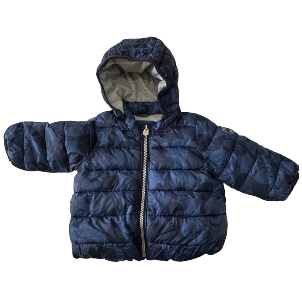 GAP Baby Disney Mickey Mouse Puffer Jacket 6-12M Blue Hooded Coat